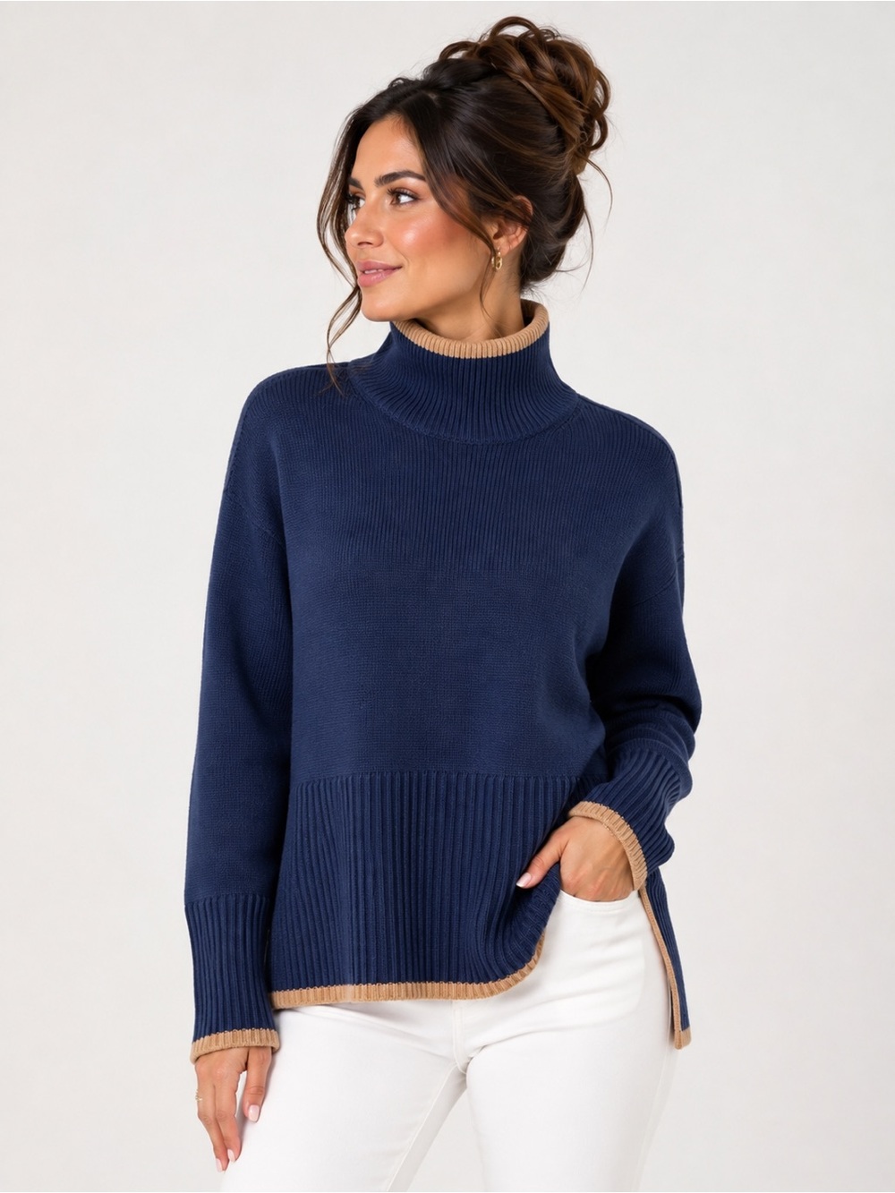 Tuckernuck Navy & Brown Larsen 100% Wool Mock Neck Sweater NWT